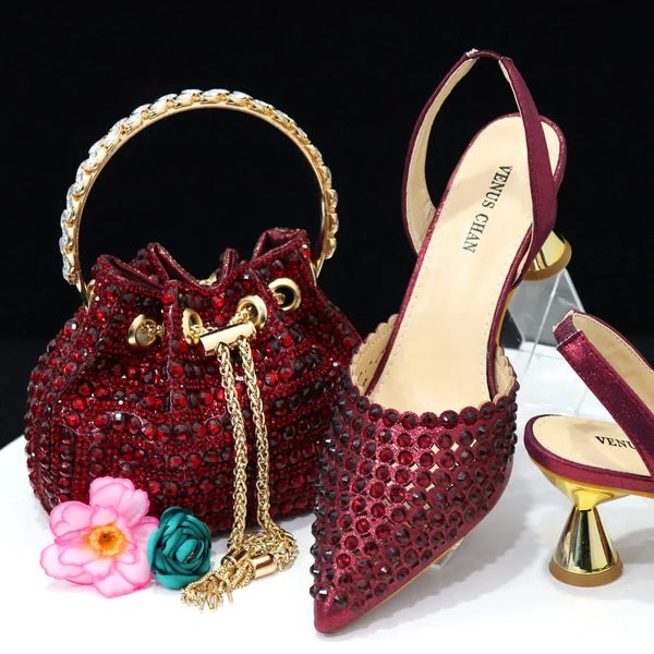 Diamond Pointed Toe Wedding Shoe and Bag Set for Party