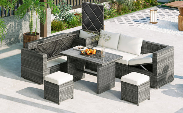 Outdoor 6-Piece All Weather PE Rattan Sofa Set, Garden Patio Wicker Sectional Furniture Set With Adjustable Seat, Storag