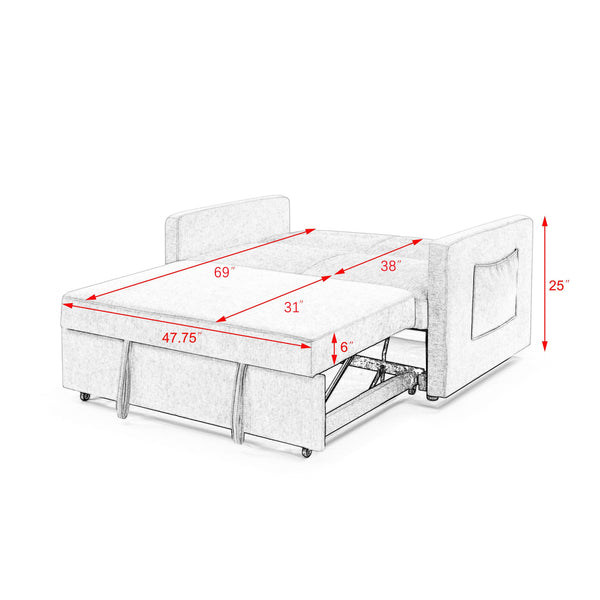 Loveseats Sofa Bed With Pull-Out Bed, Adjsutable Back and Two Arm Pocket,Grey