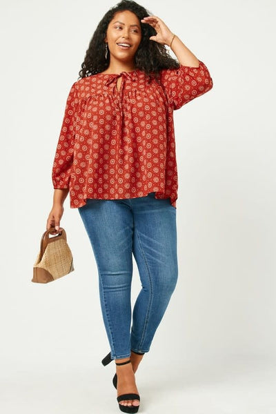 Curvy Tie Neck Floral Printed Peasant Top