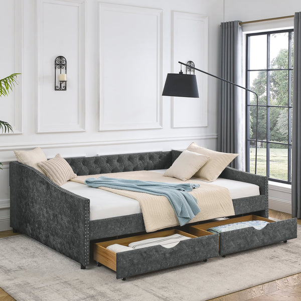 Queen Size Daybed With Drawers Upholstered Tufted Sofa Bed,,with Button on Back and Copper Nail on Waved Shape Arms, Gre