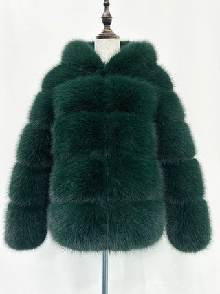Buy dark-green Furry Hooded Long Sleeve Faux Fur Jacket