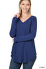 Long Sleeve V Neck & Round Hem Top - Light Navy