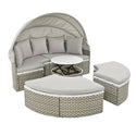 Patio Furniture Round Outdoor Sectional Sofa Set Rattan Daybed Two-Tone Weave Sunbed With Retractable Canopy, Separate S