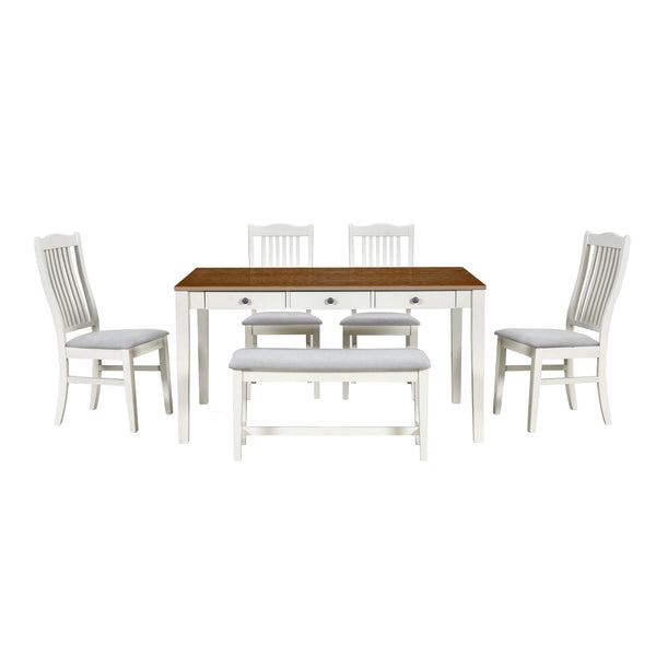 Mid-Century 6-Piece Wood Dining Table Set, Kitchen Table Set With Drawer, Upholstered Chairs and Bench, Butter Milk