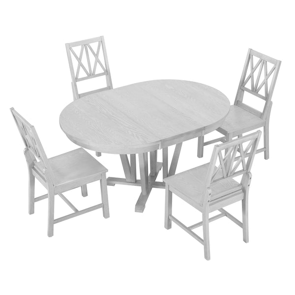 Rustic 5-Piece Extendable Dining Table Set Round Trestle Table and 4 Cross Back Dining Chairs for Kitchen, Dining Room,