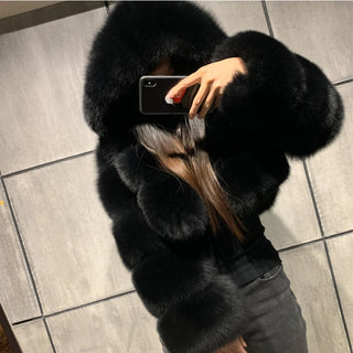 Buy black High Quality Furry Cropped Faux Fur Coats and Jackets Women Fluffy Top Coat With Hooded Winter Fur Jacket Manteau Femme