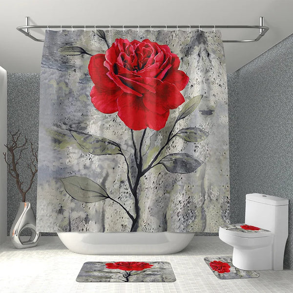 Rose Flower Bathroom Curtain With 12 Hooks