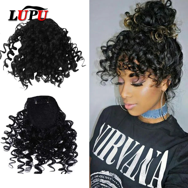 LUPU Synthetic Fake Curly Fringe Bangs Clips in Hairpieces With Natural Black Heat Resistant Fiber Hair Extensions for Women