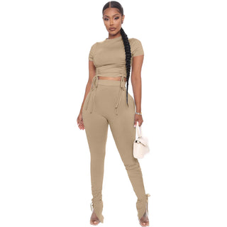 Buy khaki Women Fashion Trendy Crop Top and Pants Solid Two Piece Set