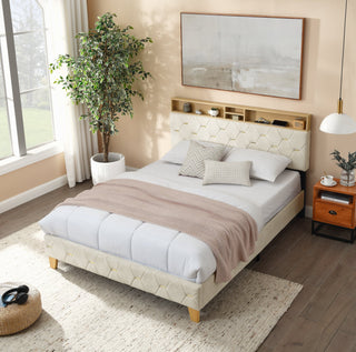 Queen Size Bed Frame, Shelf Upholstered Headboard, Platform Bed With Outlet & USB Ports, Wood Legs, No Box Spring Needed