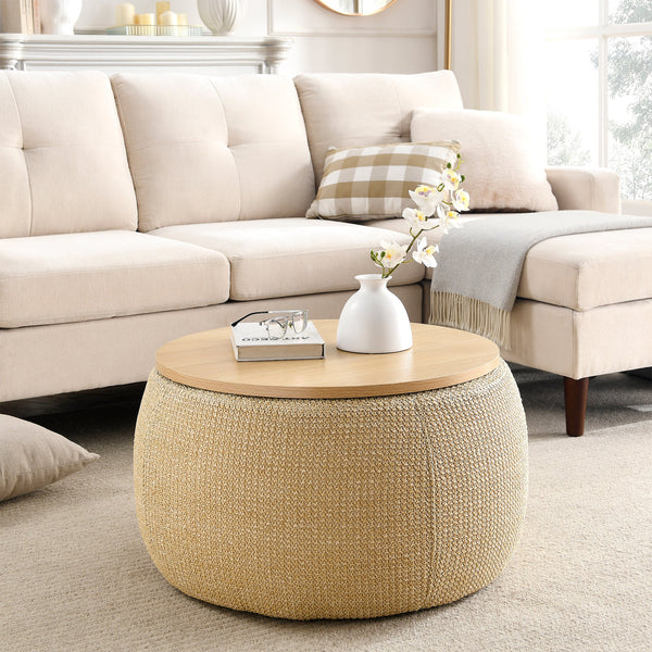 Round Storage Ottoman, 2 in 1 Function, Work as End Table and Ottoman, Natural (25.5"x25.5"x14.5")