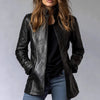 Vintage Style PU Jacket — Mid-Length Open Cardigan Leather Coat with Pockets