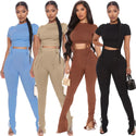 Women Fashion Trendy Crop Top and Pants Solid Two Piece Set