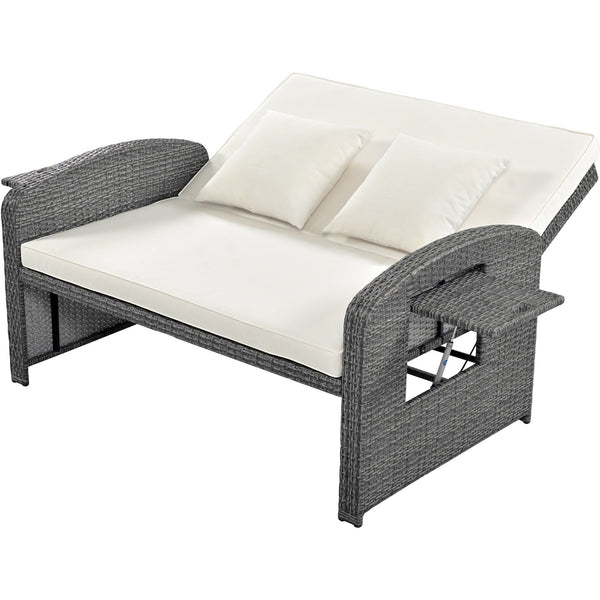 PE Wicker Rattan Double Chaise Lounge, 2-Person Reclining Daybed With Adjustable Back and Cushions, Free Furniture Prote