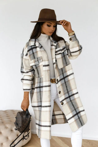 Buy whitergray Winter Checked Jackets Coats Women Fashion Casual Oversized Turn Down Collar Long Outwear Thick Warm Woolen Blends Overcoats