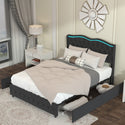 Queen Platform Bed Frame , Velvet Upholstered Bed With Deep Tufted Buttons and Nailhead Trim, Adjustable Colorful LED Li