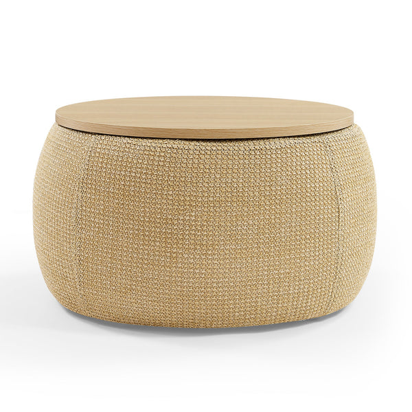 Round Storage Ottoman, 2 in 1 Function, Work as End Table and Ottoman, Natural (25.5"x25.5"x14.5")