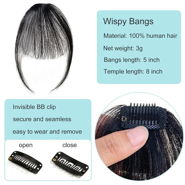 100% Human Hair Black Brown Invisible Hair Bangs Clip in Straight Bangs and Sideburns