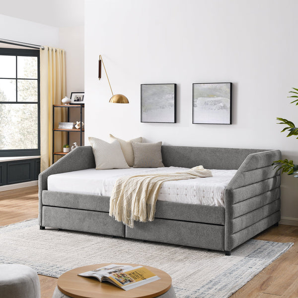 Queen Size Daybed With Two Drawers Trundle Upholstered Tufted Sofa Bed, Linen Fabric, Grey (88"x64.5"x34")