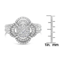 14K White Gold 1.0 Cttw Round & Baguette Cut Diamond Floral Cluster Quatrefoil Channel Set Band Cocktail Statement Ring