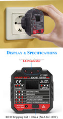 HT106D Socket Tester RCD Test 30mA With Voltage Measurement Tester