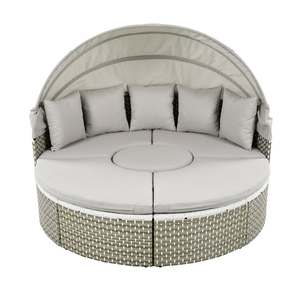 Patio Furniture Round Outdoor Sectional Sofa Set Rattan Daybed Two-Tone Weave Sunbed With Retractable Canopy, Separate S