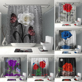 Rose Flower Bathroom Curtain With 12 Hooks