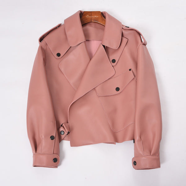 Women Real Sheepskin Fashion Bomber Designer Ladies Leather Jacket Coat