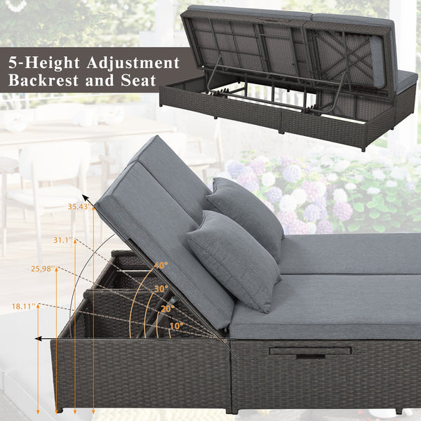 Outdoor Double Sunbed, Wicker Rattan Patio Reclining Chairs With Adjustable Backrest and Seat, Conversational Set for 2