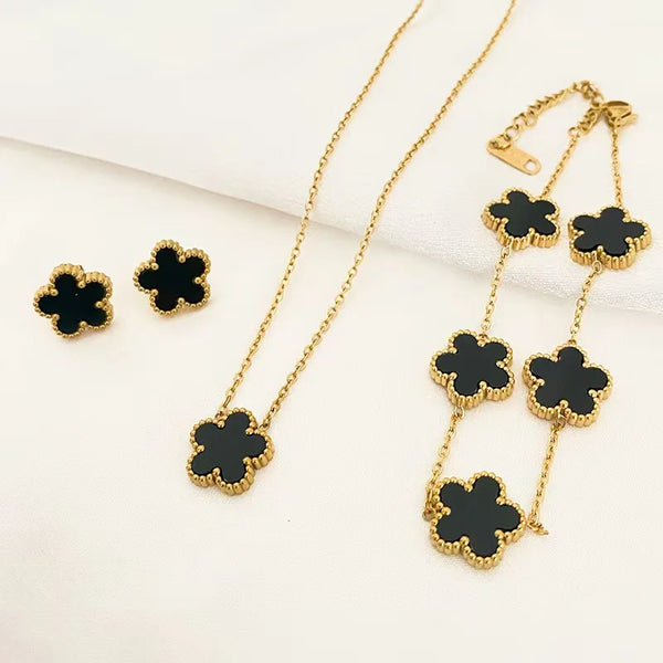 Deluxe Cinquefoil Flower Pendant Necklace Earrings Bracelet Gift Set