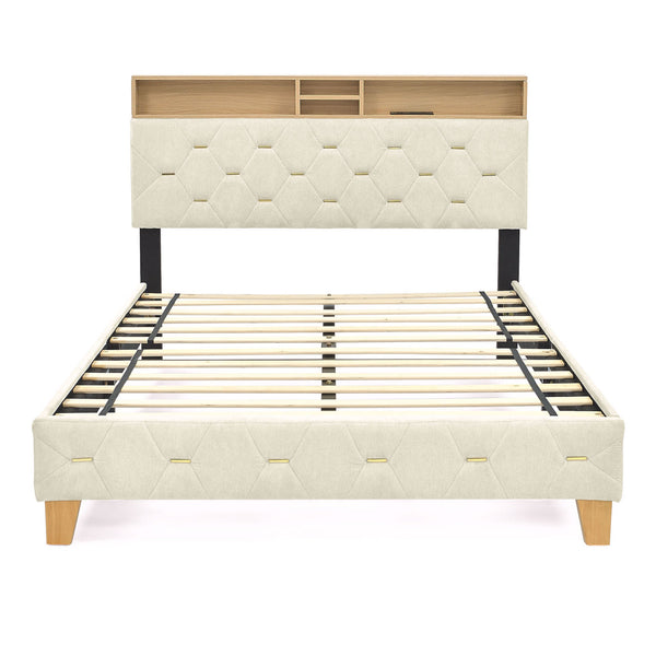 Queen Size Bed Frame, Shelf Upholstered Headboard, Platform Bed With Outlet & USB Ports, Wood Legs, No Box Spring Needed