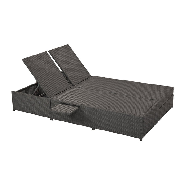 Outdoor Double Sunbed, Wicker Rattan Patio Reclining Chairs With Adjustable Backrest and Seat, Conversational Set for 2