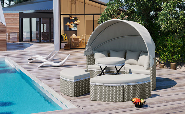 Patio Furniture Round Outdoor Sectional Sofa Set Rattan Daybed Two-Tone Weave Sunbed With Retractable Canopy, Separate S