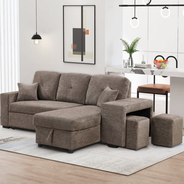 Reversible Sleeper Sectional Sofa Bed With Side Shelf and 2 Stools,Pull-Out L-Shaped Sofa Bed,Corner Sofa-Bed With Stora