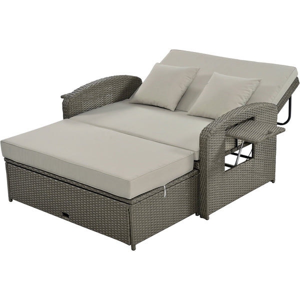 PE Wicker Rattan Double Chaise Lounge, 2-Person Reclining Daybed With Adjustable Back and Cushions, Free Furniture Prote