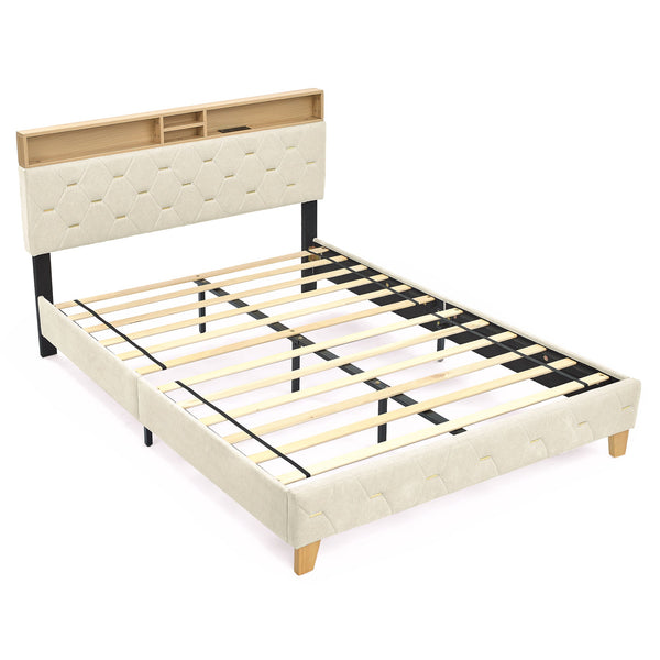 Queen Size Bed Frame, Shelf Upholstered Headboard, Platform Bed With Outlet & USB Ports, Wood Legs, No Box Spring Needed