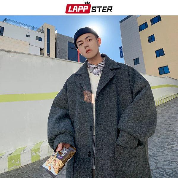 LAPPSTER Men Korean Fashions Wool Trench Coat 2023 Overcoat Mens Japanese Streetwear Winter Coat Harajuku Khaki Jackets Coats