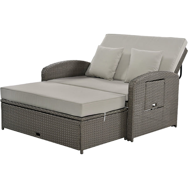 PE Wicker Rattan Double Chaise Lounge, 2-Person Reclining Daybed With Adjustable Back and Cushions, Free Furniture Prote