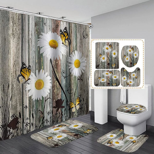 4 Pcs Shower Curtain Sets With 12 Hooks