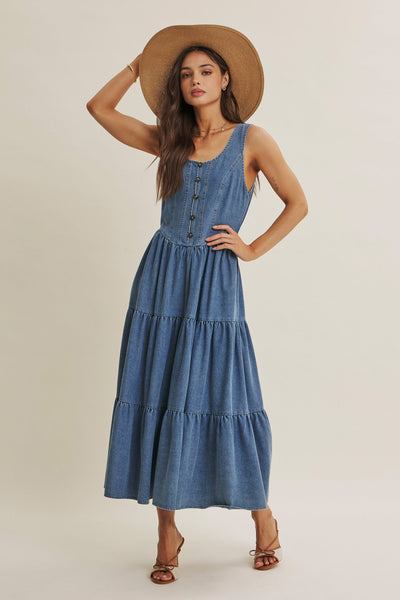 Summer Roadtrip Sustainable Denim Tiered Midi Dress