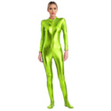 Womens Metallic Shiny Zentai Jumpsuit Mock Neck Long Sleeve Zipper Full Body Unitard Tights for Gymnatics Performance Clubwear