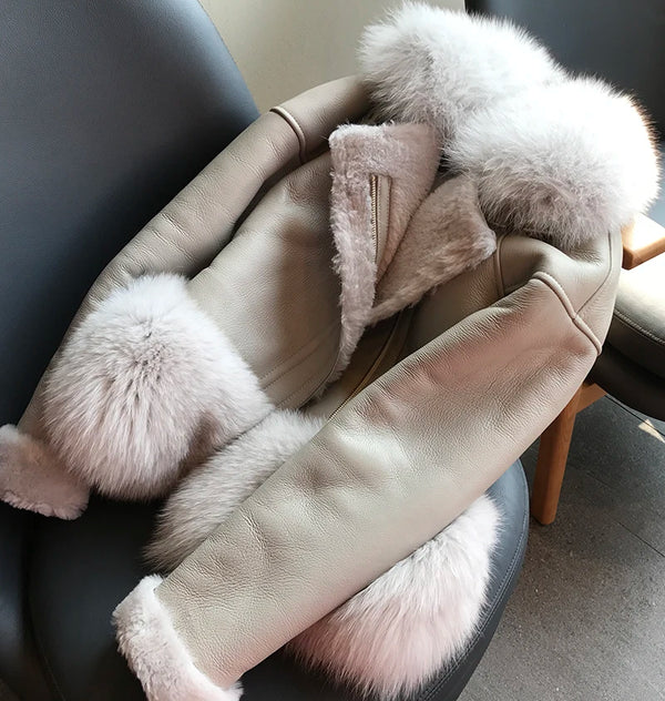 Maylofuer Genuine Sheepskin Leather Jacket Women Real and Natural Fox Fur Coat Slim Full Pelt Fur Coats for Winter