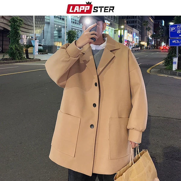 LAPPSTER Men Korean Fashions Wool Trench Coat 2023 Overcoat Mens Japanese Streetwear Winter Coat Harajuku Khaki Jackets Coats