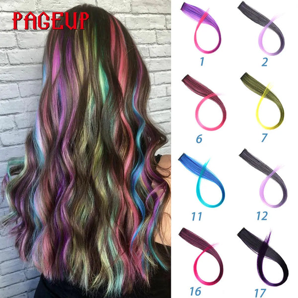 Pageup Rainbow Hair Extension Clip One Piece Synthetic Fake Colored Hair Pieces Pink Long 20" False Clip in Hair Extensions