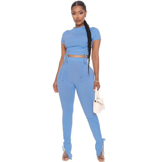 Buy cambridge-blue Women Fashion Trendy Crop Top and Pants Solid Two Piece Set