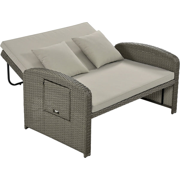 PE Wicker Rattan Double Chaise Lounge, 2-Person Reclining Daybed With Adjustable Back and Cushions, Free Furniture Prote