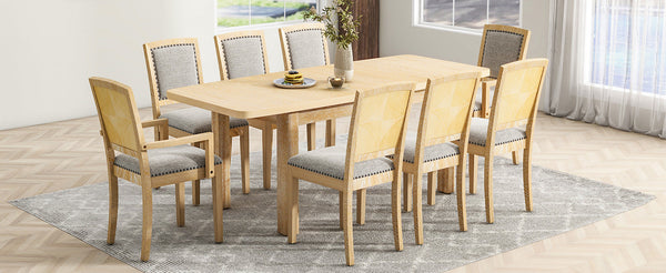 Rustic Extendable 84inch Dining Table Set With 24inch Removable Leaf , 6 Upholstered Armless Dining Chairs and 2 Padded