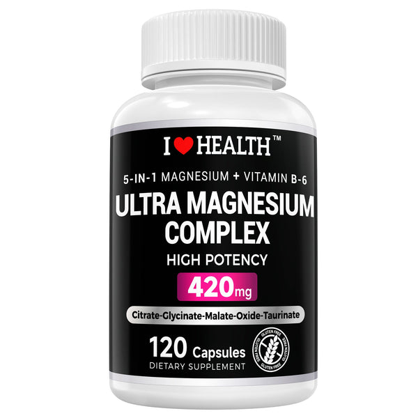 5-in-1 Magnesium Complex + Vitamin B6 Supplement - 420MG - High Absorption Magnesium Supplement for Sleep, Nerves, Muscles, Bones, 120 Capsules