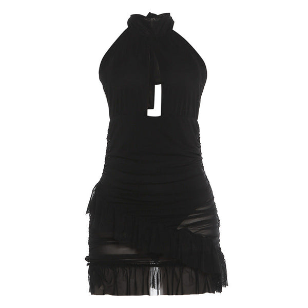 Summer Women Clothing Halter Backless Sexy Cutout See through Ruffled Sexy Sheath Dress